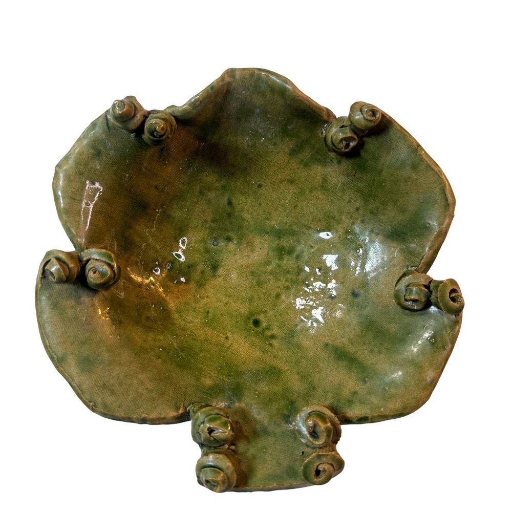 Vintage Handmade Studio Pottery Bowl OS Green Organic‎ Scroll Snail Accents